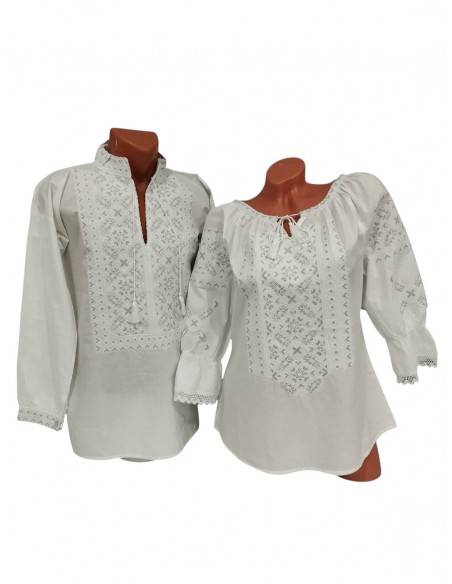 Set cuplu alb elegant cu broderie argintie pentru ea si el