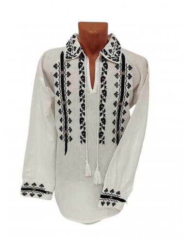 Camasa alba pentru barbati cu broderie neagra si guler brodat