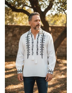 Camasa alba pentru barbati cu broderie neagra si guler brodat 2