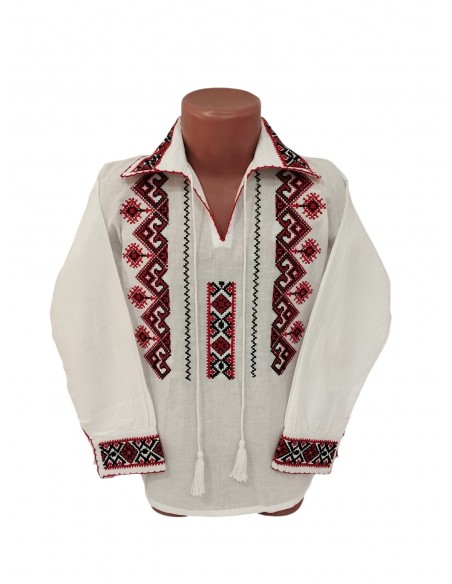 Camasa alba pentru barbati cu broderie neagra si guler brodat