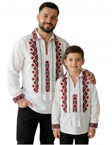 Camasa alba pentru barbati cu broderie neagra si guler brodat