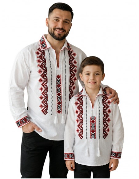 Camasa alba pentru barbati cu broderie neagra si guler brodat