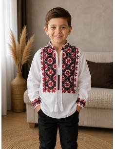 Camasa traditionala baieti alba cu broderie rosie si neagra pentru copii 2