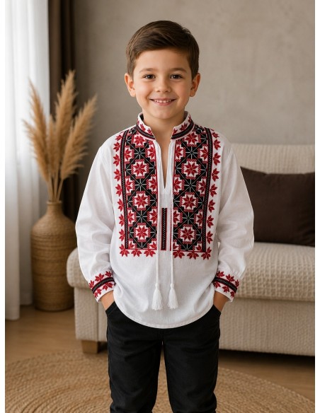 Camasa traditionala baieti alba cu broderie rosie si neagra pentru copii
