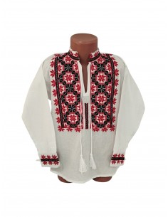 Camasa traditionala baieti alba cu broderie rosie si neagra pentru copii