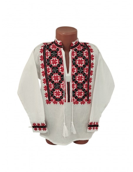 Camasa traditionala baieti alba cu broderie rosie si neagra pentru copii