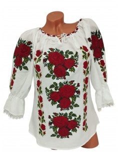 Ie traditionala dama alba cu broderie florala trandafiri rosii
