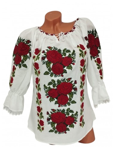 Ie traditionala dama alba cu broderie florala trandafiri rosii