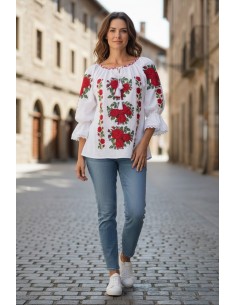 Ie traditionala dama alba cu broderie florala trandafiri rosii 2