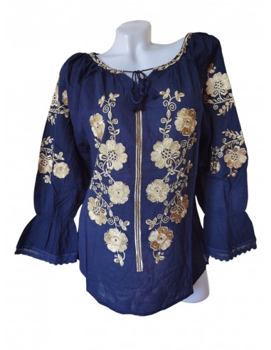 Ie traditionala dama bleumarin cu broderie florala bej eleganta