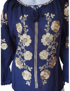 Ie traditionala dama bleumarin cu broderie florala bej eleganta 2
