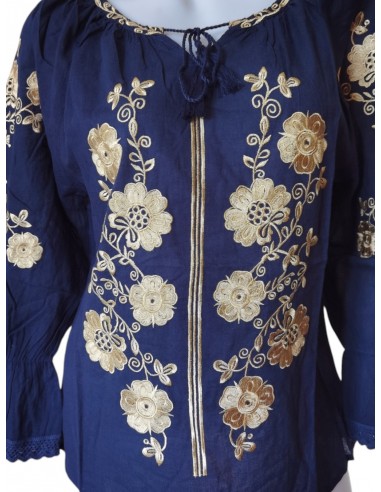 Ie traditionala dama bleumarin cu broderie florala bej eleganta