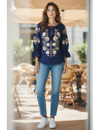 Ie traditionala dama bleumarin cu broderie florala bej eleganta