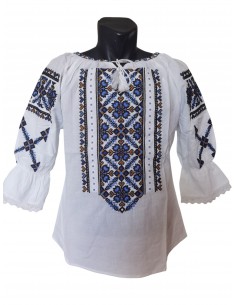 Ie traditionala dama alba cu broderie albastra si neagra