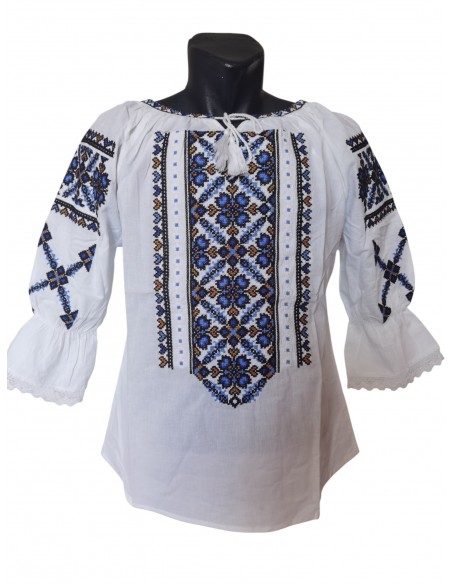 Ie traditionala dama alba cu broderie albastra si neagra