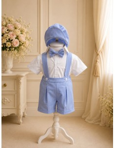 Costum botez baiat bleu cu bretele si papion elegant