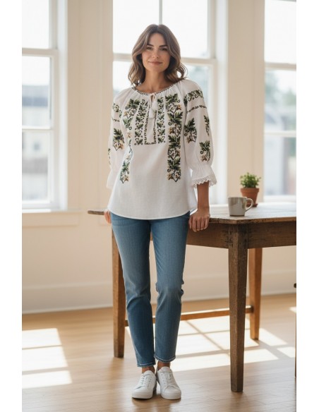 Ie traditionala dama alba cu broderie verde si bej model elegant pentru femei