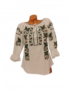 Ie traditionala dama alba cu broderie verde si bej model elegant pentru femei