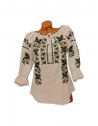 Ie traditionala dama alba cu broderie verde si bej model elegant pentru femei