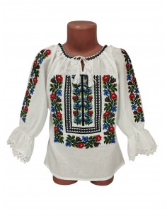 Ie traditionala fetite alba cu broderie florala multicolora pentru copii