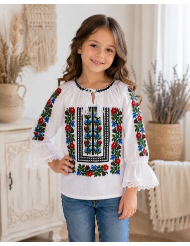 Ie traditionala fetite alba cu broderie florala multicolora pentru copii