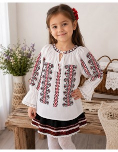Ie traditionala fetite Creasta Cocosului cu broderie rosie si neagra 2