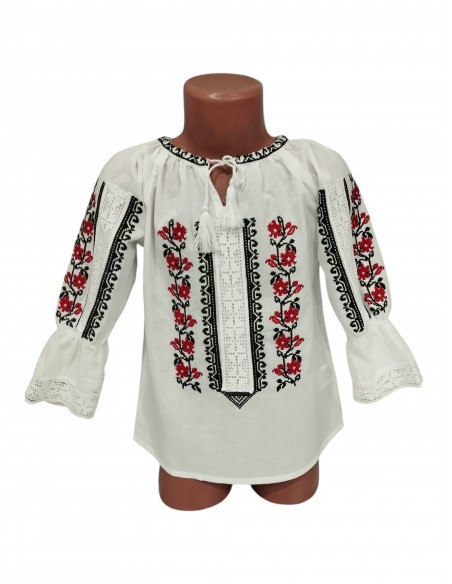 Ie traditionala fetite alba cu maci rosii si broderie florala