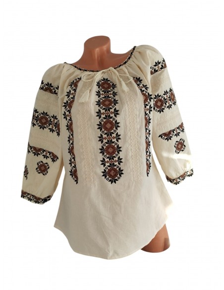 Ie traditionala dama bej cu broderie maro si neagra model elegant