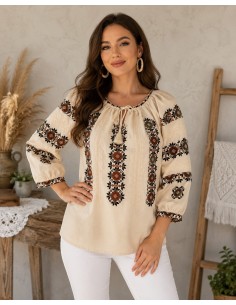 Ie traditionala dama bej cu broderie maro si neagra model elegant 2