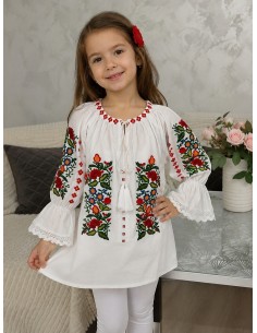 Ie traditionala fetite alba cu broderie florala rosie multicolora 2