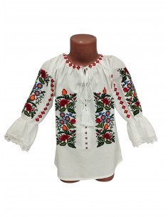 Ie traditionala fetite alba cu broderie florala rosie multicolora