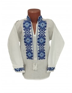 Ie traditionala baieti alba cu broderie albastra geometrica pentru copii