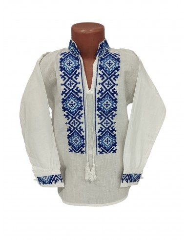 Ie traditionala baieti alba cu broderie albastra geometrica pentru copii