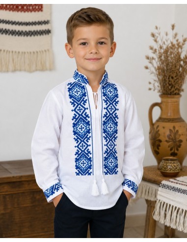 Ie traditionala baieti alba cu broderie albastra geometrica pentru copii