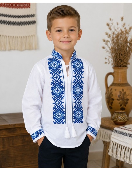 Ie traditionala baieti alba cu broderie albastra geometrica pentru copii