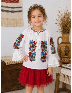 Ie Traditionala Fetite Alba cu Broderie Florala Rosie si Albastra – Camasa Populara Copii 2