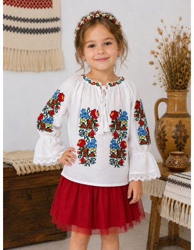 Ie Traditionala Fetite Alba cu Broderie Florala Rosie si Albastra – Camasa Populara Copii