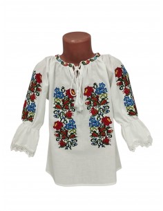 Ie Traditionala Fetite Alba cu Broderie Florala Rosie si Albastra – Camasa Populara Copii