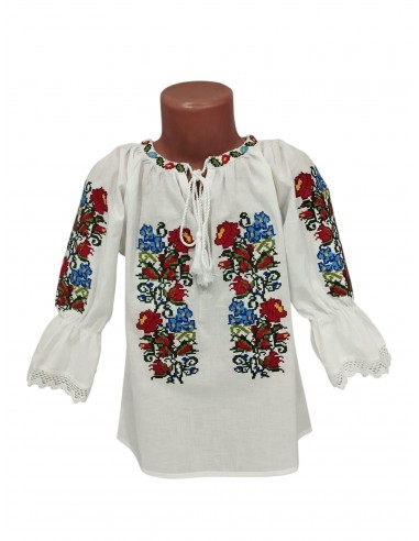 Ie Traditionala Fetite Alba cu Broderie Florala Rosie si Albastra – Camasa Populara Copii