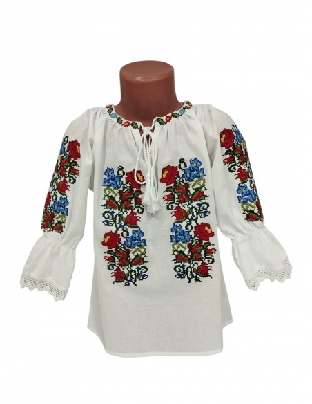 Ie Traditionala Fetite Alba cu Broderie Florala Rosie si Albastra – Camasa Populara Copii