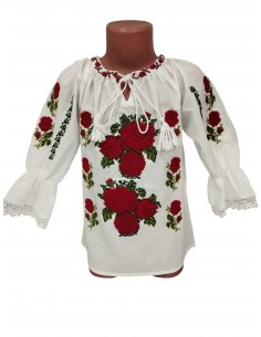 Set mama si fiica cu ie traditionala alba brodata cu trandafiri rosii 2