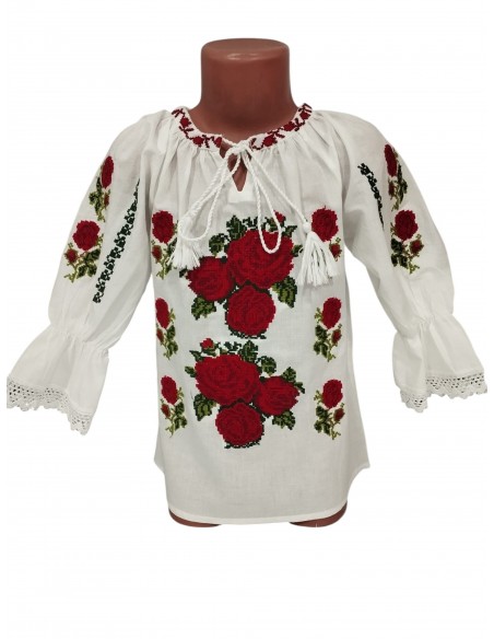 Set mama si fiica cu ie traditionala alba brodata cu trandafiri rosii