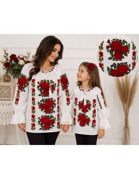 Set Mama si Fiica cu Ie Traditionala Alba Brodata cu Trandafiri Rosii