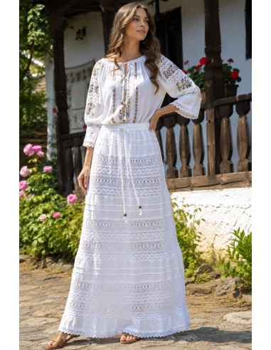 Fusta traditionala alba lunga dama cu dantela din bumbac