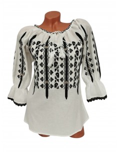 Ie traditionala dama alba cu broderie neagra eleganta