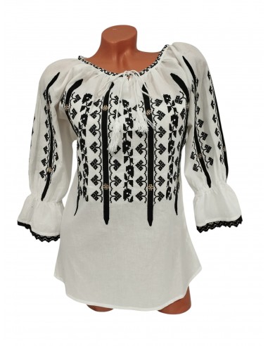 Ie traditionala dama alba cu broderie neagra eleganta