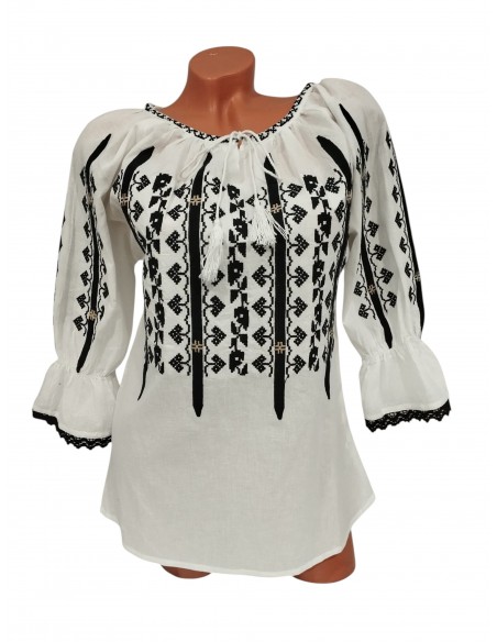 Ie traditionala dama alba cu broderie neagra eleganta