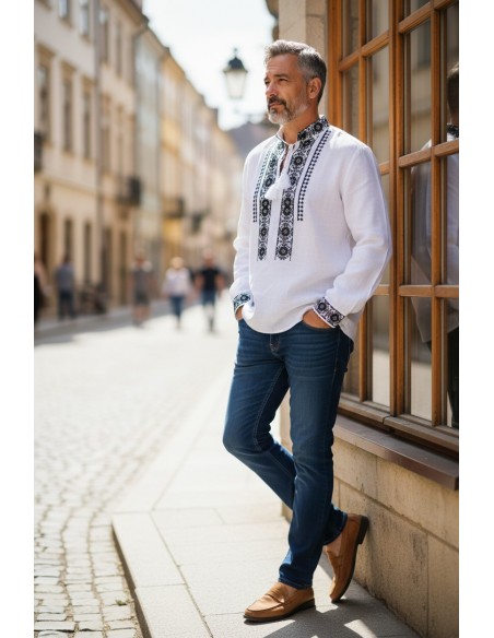 Ie barbati alba cu broderie neagra traditionala