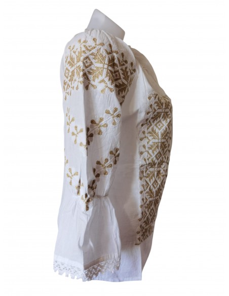 Ie traditionala dama alba cu broderie aurie eleganta