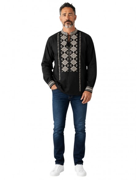 Ie Traditionala Barbati Neagra cu Broderie Bej Geometrica